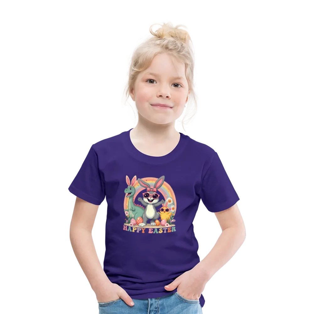 Personalisiertes Retro Frohe Ostern Kinder T-Shirt mit Osterhase Dinosaurier und Küken mit Ostereier und Spruch "Happy Easter" - Motiv, Produkt, Text und eigene Bilder easy anpassbar - viele Farben und Größen (bis Größe 140 bzw. 8 Jahre) -