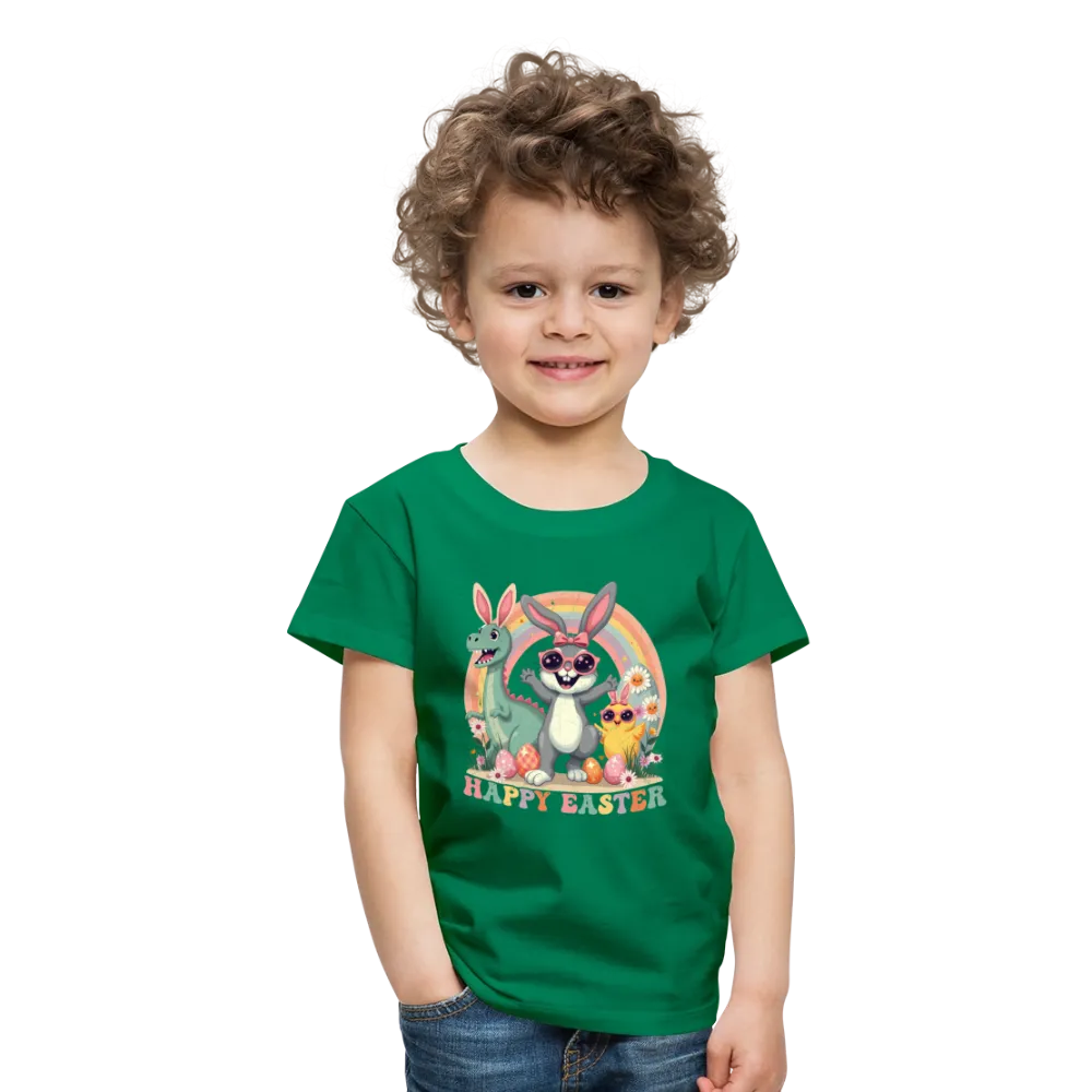 Personalisiertes Retro Frohe Ostern Kinder T-Shirt mit Osterhase Dinosaurier und Küken mit Ostereier und Spruch "Happy Easter" - Motiv, Produkt, Text und eigene Bilder easy anpassbar - viele Farben und Größen (bis Größe 140 bzw. 8 Jahre) -