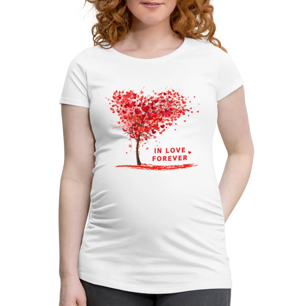 Personalisiertes weißes Schwangerschafts-T-Shirt mit roten Herz Baum und Spruch "In Love Forever" - Print Motiv und Text änderbar - Damen Shirt zum Valentinstag - auch in großen Größen -