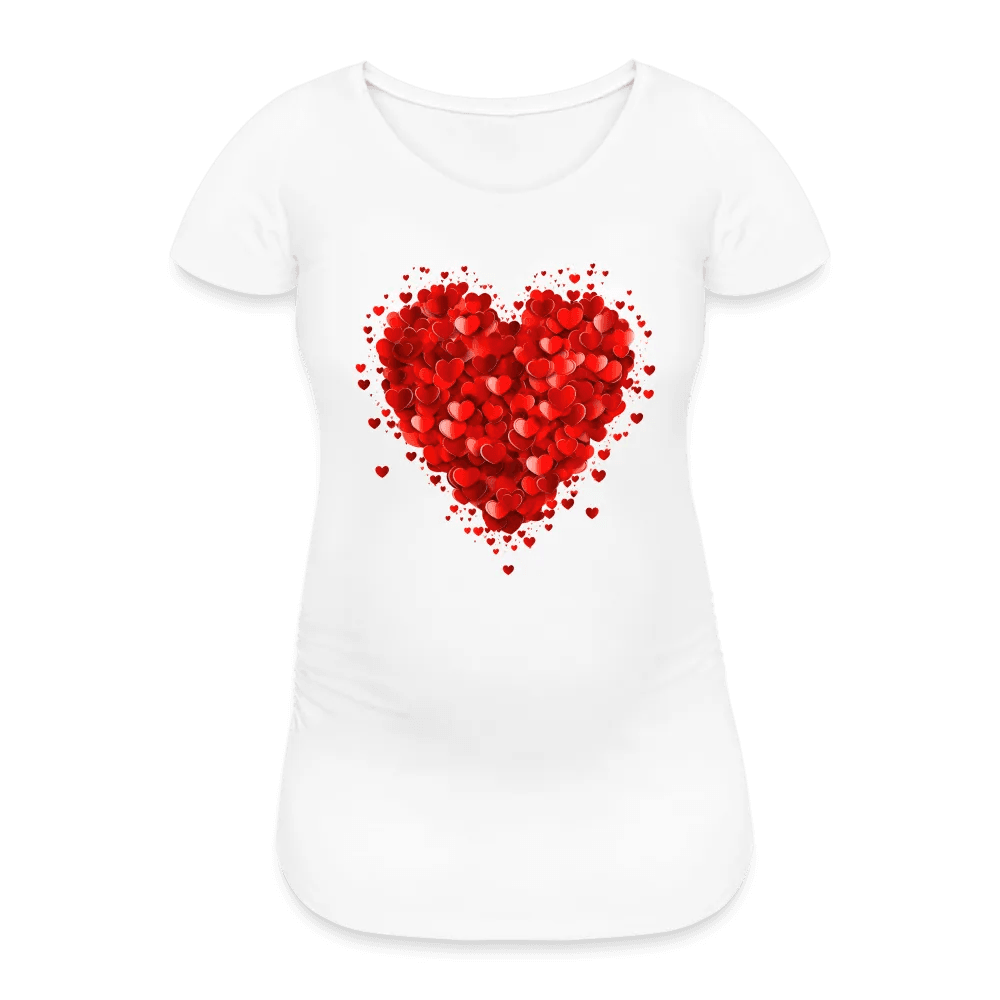 happy-prints.eu - Personalisiertes weißes Schwangerschafts-T-Shirt mit großem roten Herz - Print Motiv und Text änderbar - Damen Shirt zum Valentinstag - auch in großen Größen