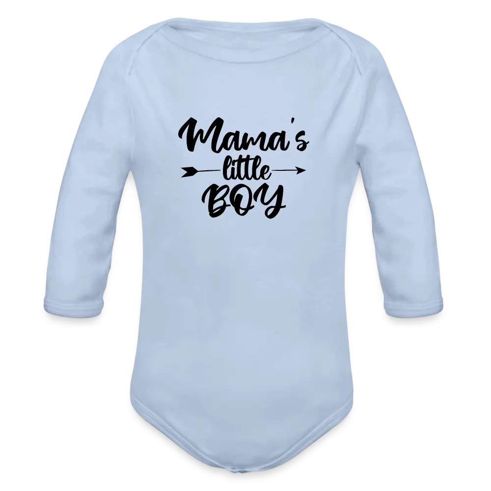 Personalisierter Jungen Baby Bio-Langarm-Body mit Spruch "Mamas little Boy" - 100% Bio Baumwolle - bis Größe 80 bzw. 12 Monate - in vielen Farben und Größen - Bild, Motiv und Text sind individualisierbar - Sky