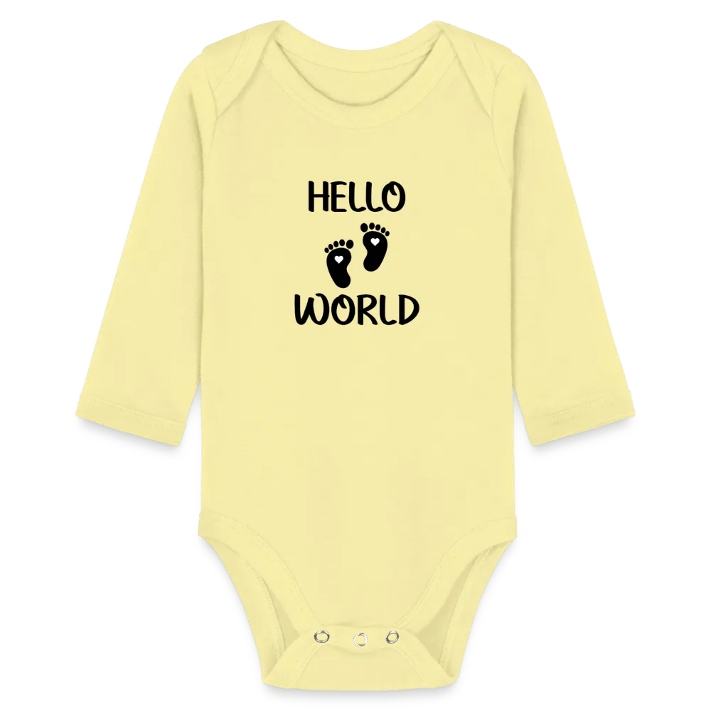 Personalisierter Unisex Baby Bio-Langarm-Body mit Babyfüßen und Spruch "Hello World" - 100% Bio Baumwolle - bis Größe 80 bzw. 12 Monate - in vielen Farben und Größen - Bild, Motiv und Text sind individualisierbar -