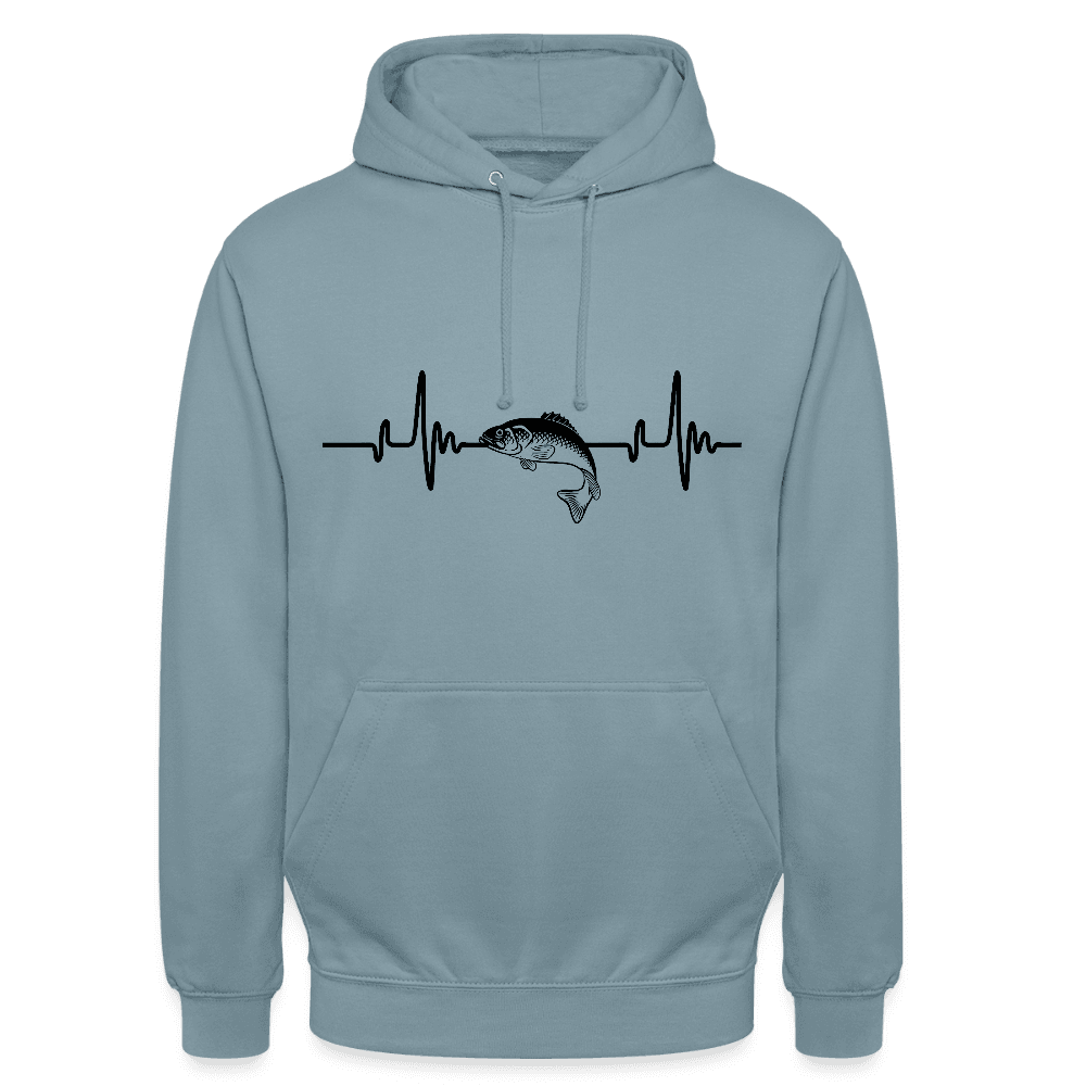 happy-prints.eu - Personalisierbarer Unisex Hoodie Mit Herzlinie und Fisch - Heartbeat Sweater für Damen und Herren - Motiv und Text änderbar - ein tolles Geschenk für Angler