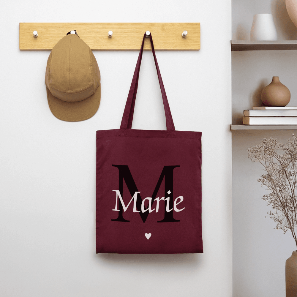 happy-prints.eu - Personalisierte Jute Stofftasche mit Initiale und Name in minimalistischem Design - Produkt, Text und Motiv easy änderbar
