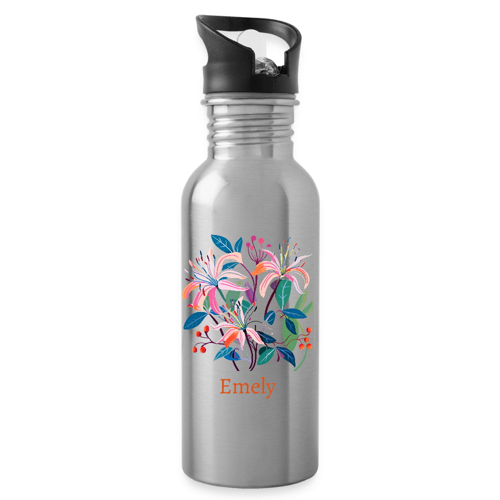 happy-prints.eu - Personalisierte Edelstahl Trinkflasche mit Name und Blumen - Lilie ist die Geburtsblume im Juni - Motiv, Text und Produkt einfach änderbar