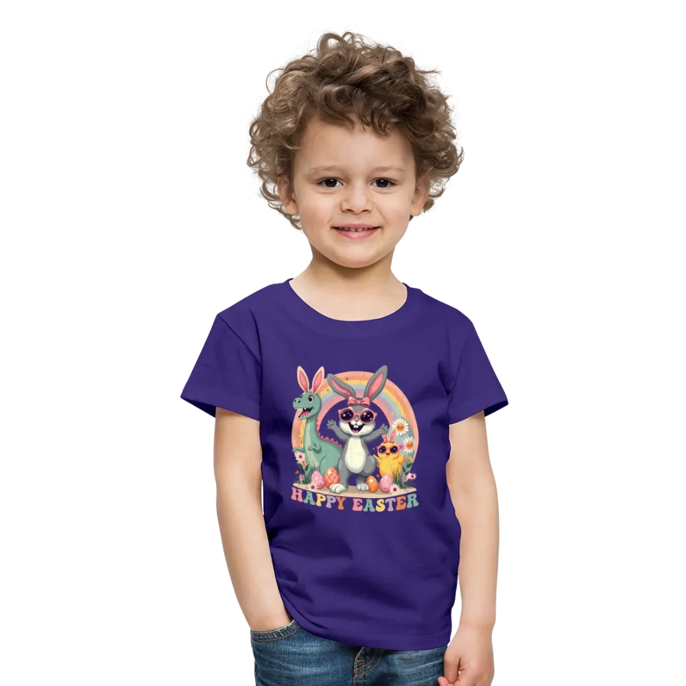 Personalisiertes Retro Frohe Ostern Kinder T-Shirt mit Osterhase Dinosaurier und Küken mit Ostereier und Spruch "Happy Easter" - Motiv, Produkt, Text und eigene Bilder easy anpassbar - viele Farben und Größen (bis Größe 140 bzw. 8 Jahre) -