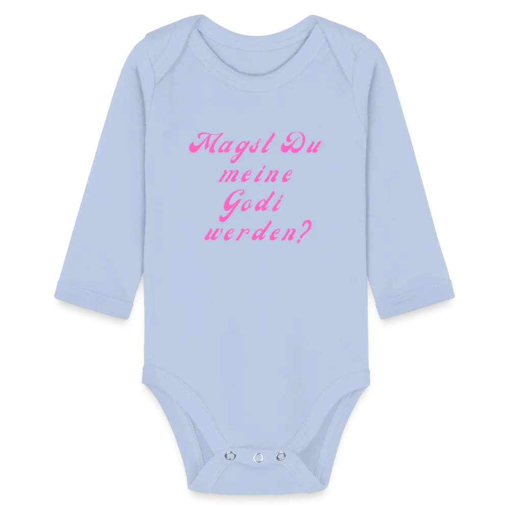 Personalisierter Baby Bio-Langarm-Body mit Spruch "Magst Du meine Godi werden" - Produkt, Text, Motiv und Bild ist easy änderbar - in vielen Größen (bis 80/12 Monate) und Farben -