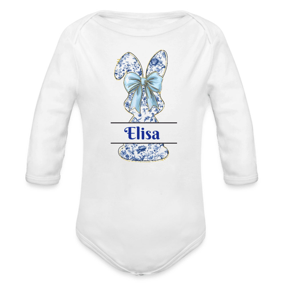 happy-prints.eu - Personalisierter Baby Bio-Langarm-Body für Ostern - süßer Mädchen Osterhase mit Masche in blau