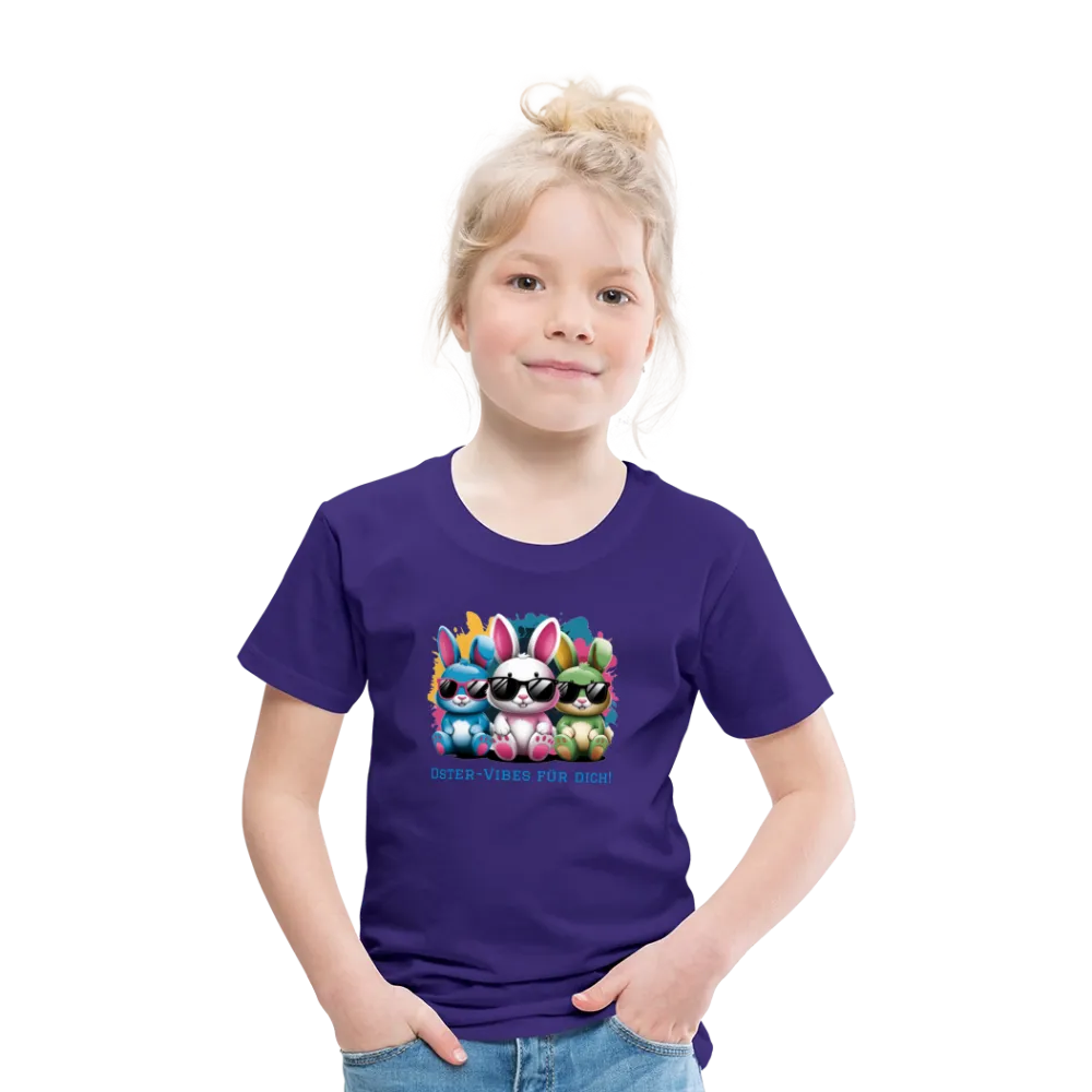 Personalisiertes Frohe Ostern Kinder T-Shirt mit Osterhasen mit Sonnenbrille und Spruch "Oster-Vibes für Dich" - Motiv, Produkt, Text und eigene Bilder easy anpassbar - viele Farben und Größen (bis Größe 140 bzw. 8 Jahre) -