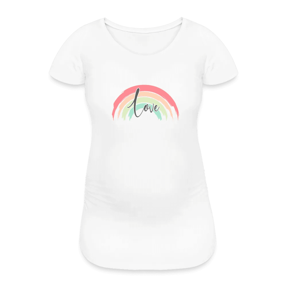 happy-prints.eu - Personalisiertes weißes Schwangerschaft T-Shirt für Frauen mit Regenbogen und Love - Print Shirts für werdende Mama in vielen Größen - Motiv und Text änderbar