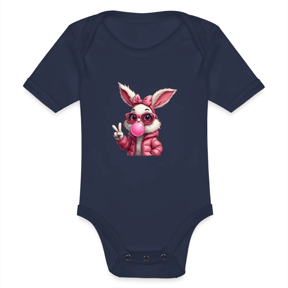 happy-prints.eu - Personalisierter Baby Bio-Kurzarm-Body für Mädchen mit Osterhasen, Brille und Kaugummi - Babybody für Ostern - in vielen Farben und Größen - Motiv und Text individualisierbar