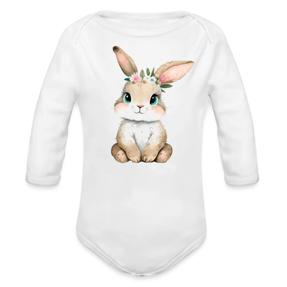 happy-prints.eu - Personalisierter Baby Bio-Langarm-Body für Ostern - niedlicher Bunny Body mit Mädchen Osterhase und Blumen - Motiv, Produkt, Text und eigenes Foto ist easy änderbar - in vielen Farben und Größen bis Größe 80 bzw. 12 Monate