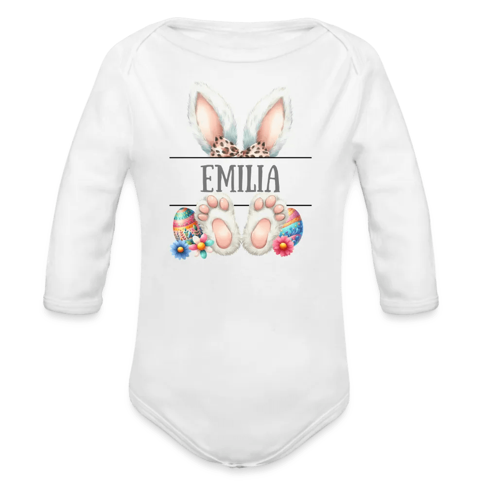 happy-prints.eu - Personalisierter Baby Bio-Langarm-Body für Ostern - Frohe Ostern Body mit Osterhasen Ohren, Ostereier und Name - niedlicher Print für Mädchen - Name, Motiv und Produkt sind leicht änderbar - in vielen Farben und Größen bis Größe 80 bzw. 12 Monate