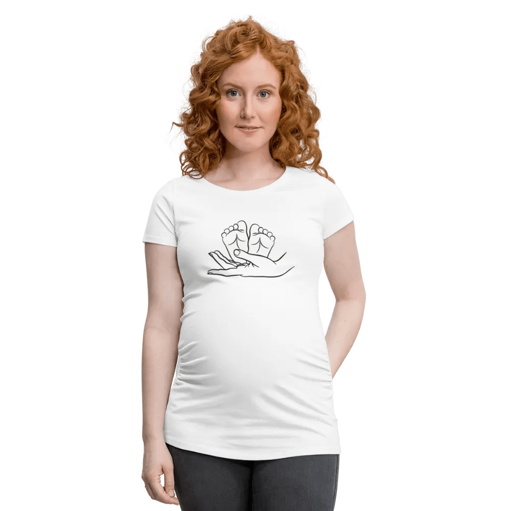 happy-prints.eu - Personalisiertes weißes Schwangerschafts-T-Shirt für Frauen mit Babyfüßchen und Love - Print Shirts für werdende Mama - Motiv und Text individualisierbar - auch in großen Größen für jede Mutter
