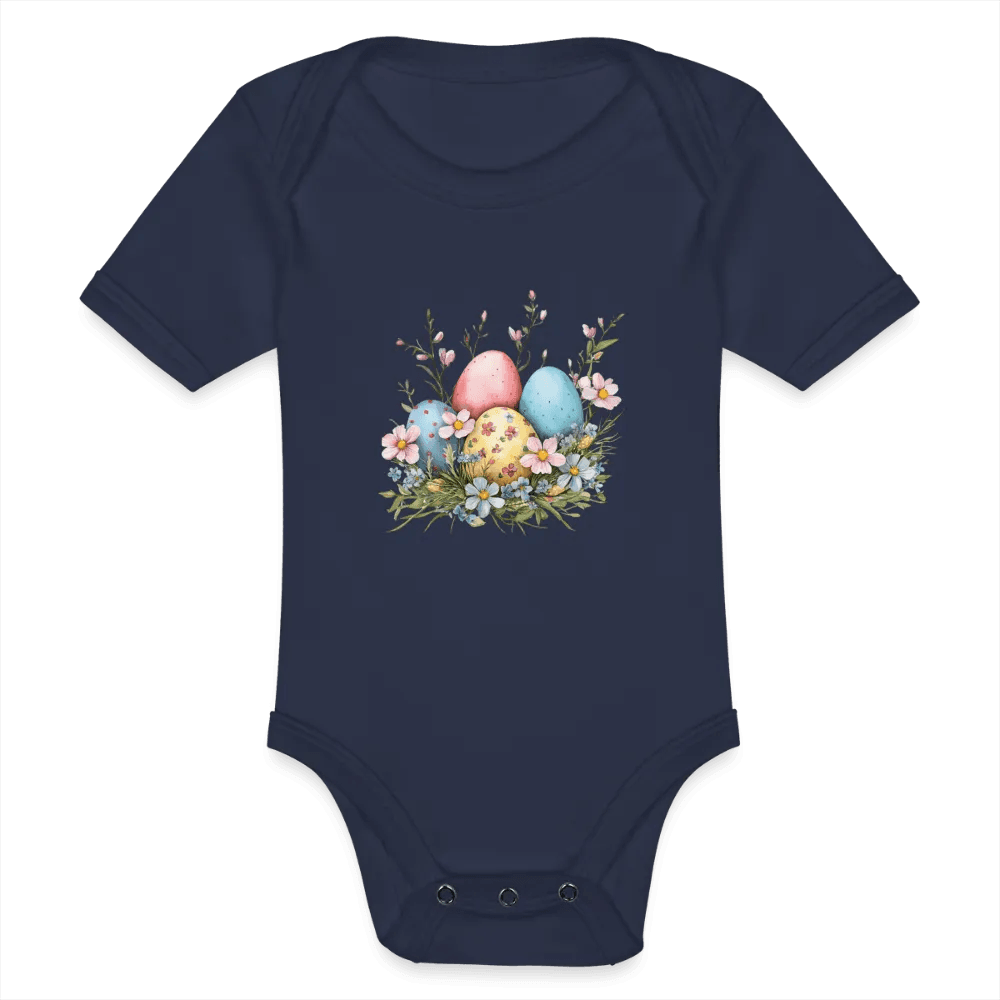 happy-prints.eu - Personalisierter Baby Bio-Kurzarm-Body für Mädchen mit Osternest mit Ostereier und Blumen - Babybody für Ostern - in vielen Farben und Größen - Motiv und Text individualisierbar