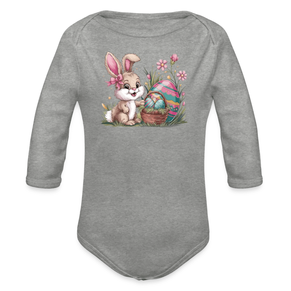 happy-prints.eu - Personalisierter Baby Bio-Langarm-Body für Ostern - Frohe Ostern Body mit Osterhase, Ostereier und Blumen - niedlicher Hase für Mädchen - Motiv, Produkt, Text und eigenes Foto ist easy einsetzbar - in vielen Farben und Größen bis Größe 80 bzw. 12 Monate