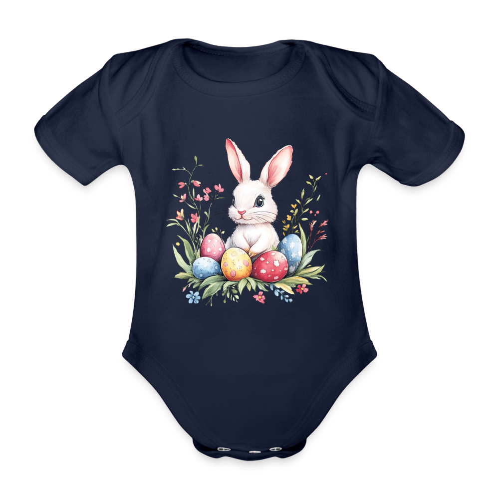 happy-prints.eu - Personalisierter Baby Bio-Kurzarm-Body für Mädchen und Jungen mit Osterhasen und Ostereier - Babybody für Ostern - in vielen Farben und Größen - Motiv und Text individualisierbar