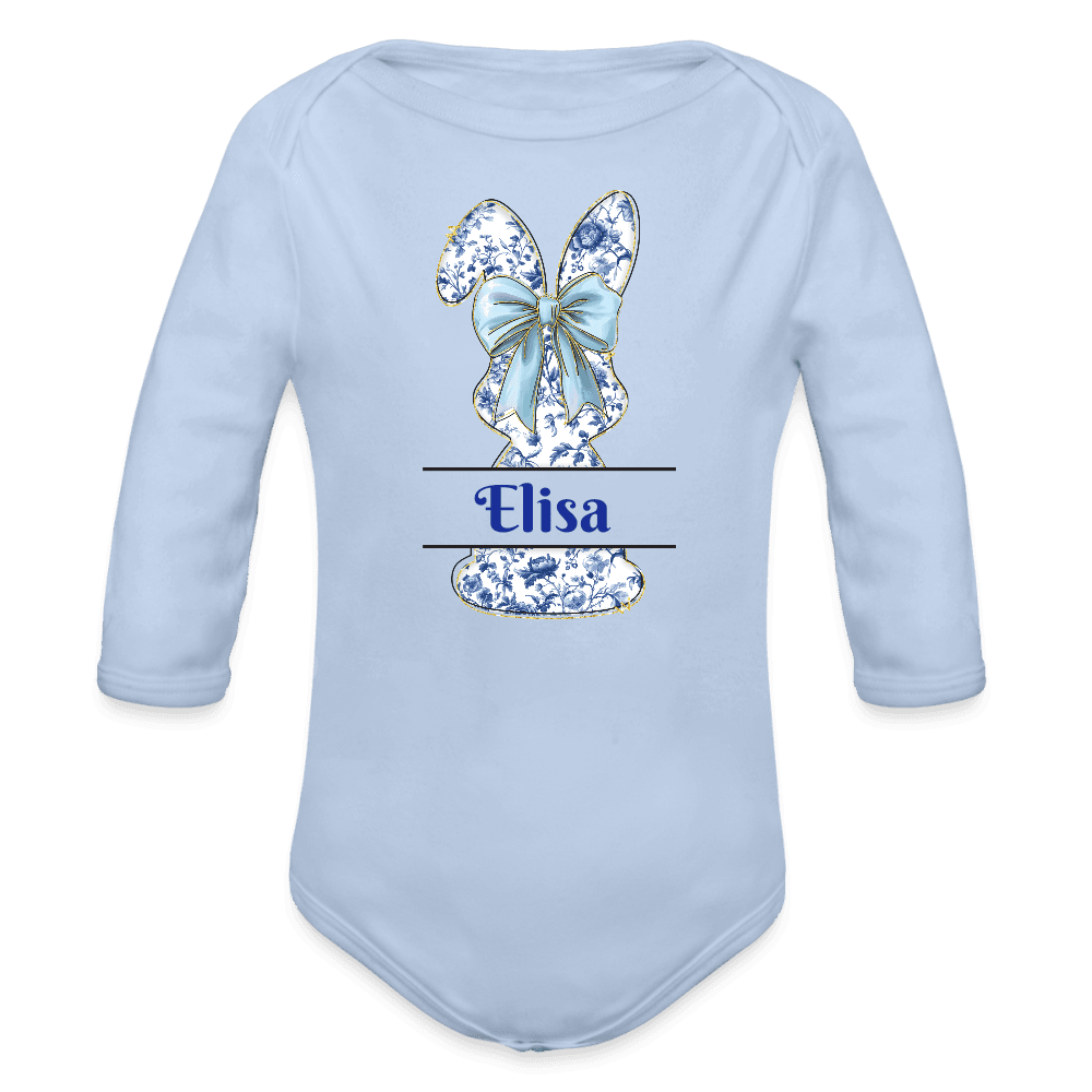 happy-prints.eu - Personalisierter Baby Bio-Langarm-Body für Ostern - süßer Mädchen Osterhase mit Masche in blau