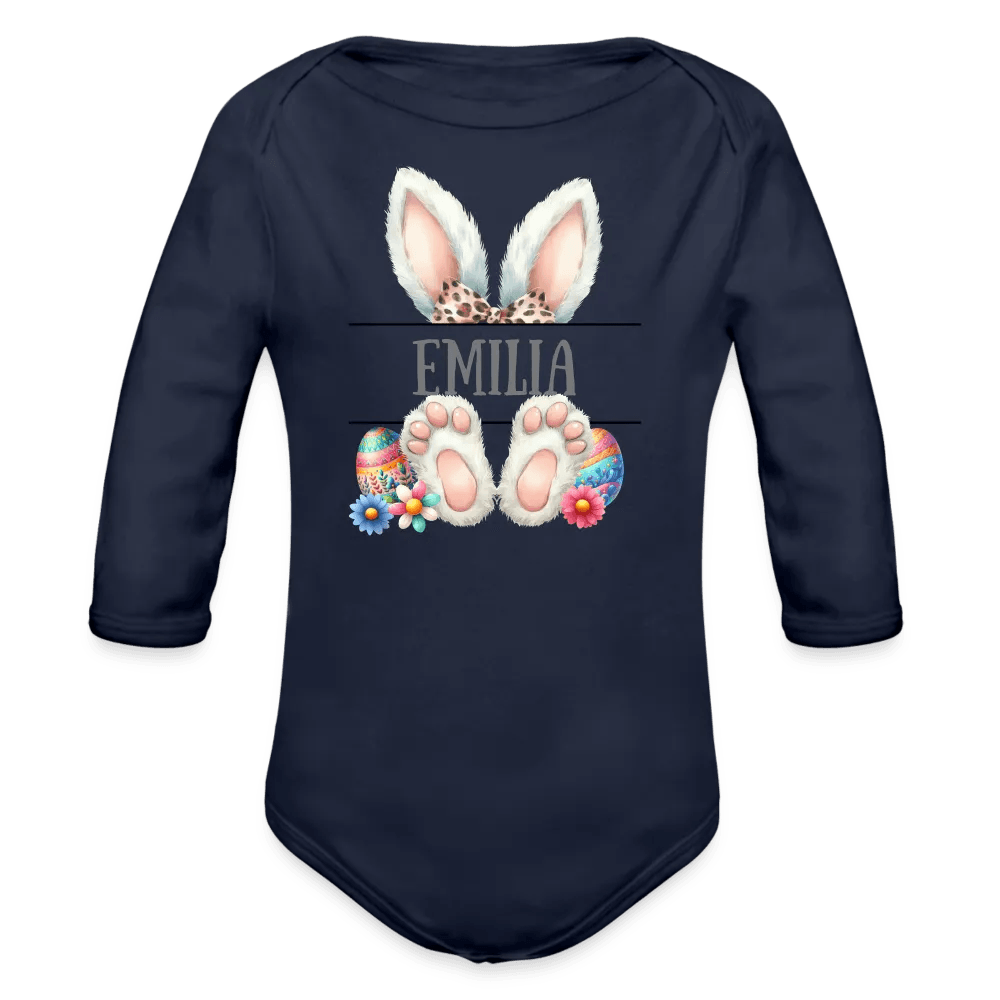 happy-prints.eu - Personalisierter Baby Bio-Langarm-Body für Ostern - Frohe Ostern Body mit Osterhasen Ohren, Ostereier und Name - niedlicher Print für Mädchen - Name, Motiv und Produkt sind leicht änderbar - in vielen Farben und Größen bis Größe 80 bzw. 12 Monate