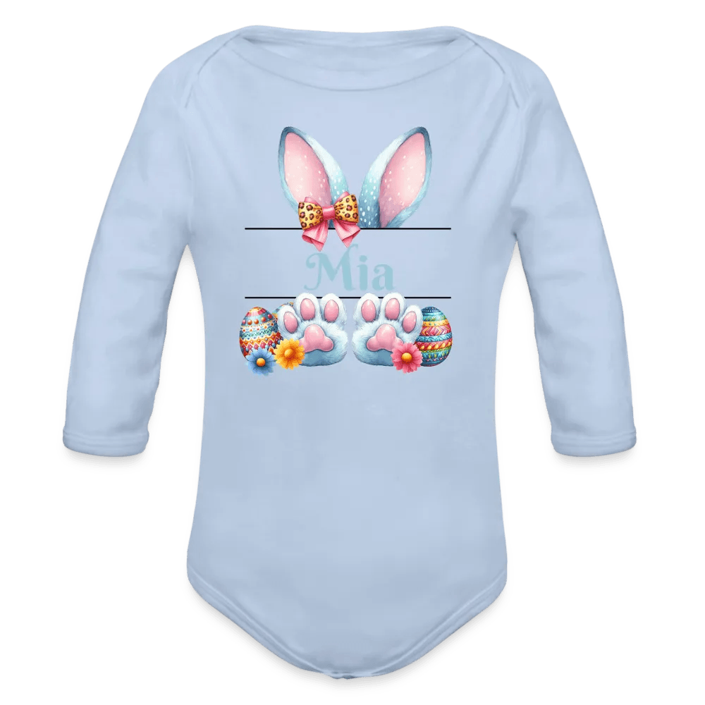 happy-prints.eu - Personalisierter Baby Bio-Langarm-Body für Ostern - Frohe Ostern Body mit Osterhasen Ohren, Ostereier und Name - niedlicher Print für Mädchen - Name, Motiv und Produkt sind leicht änderbar - in vielen Farben und Größen bis Größe 80 bzw. 12 Monate