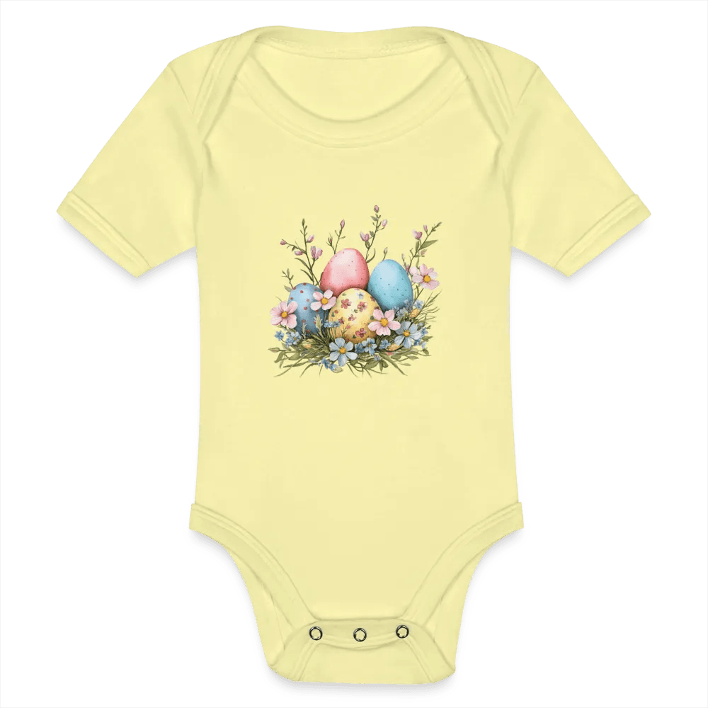 happy-prints.eu - Personalisierter Baby Bio-Kurzarm-Body für Mädchen mit Osternest mit Ostereier und Blumen - Babybody für Ostern - in vielen Farben und Größen - Motiv und Text individualisierbar