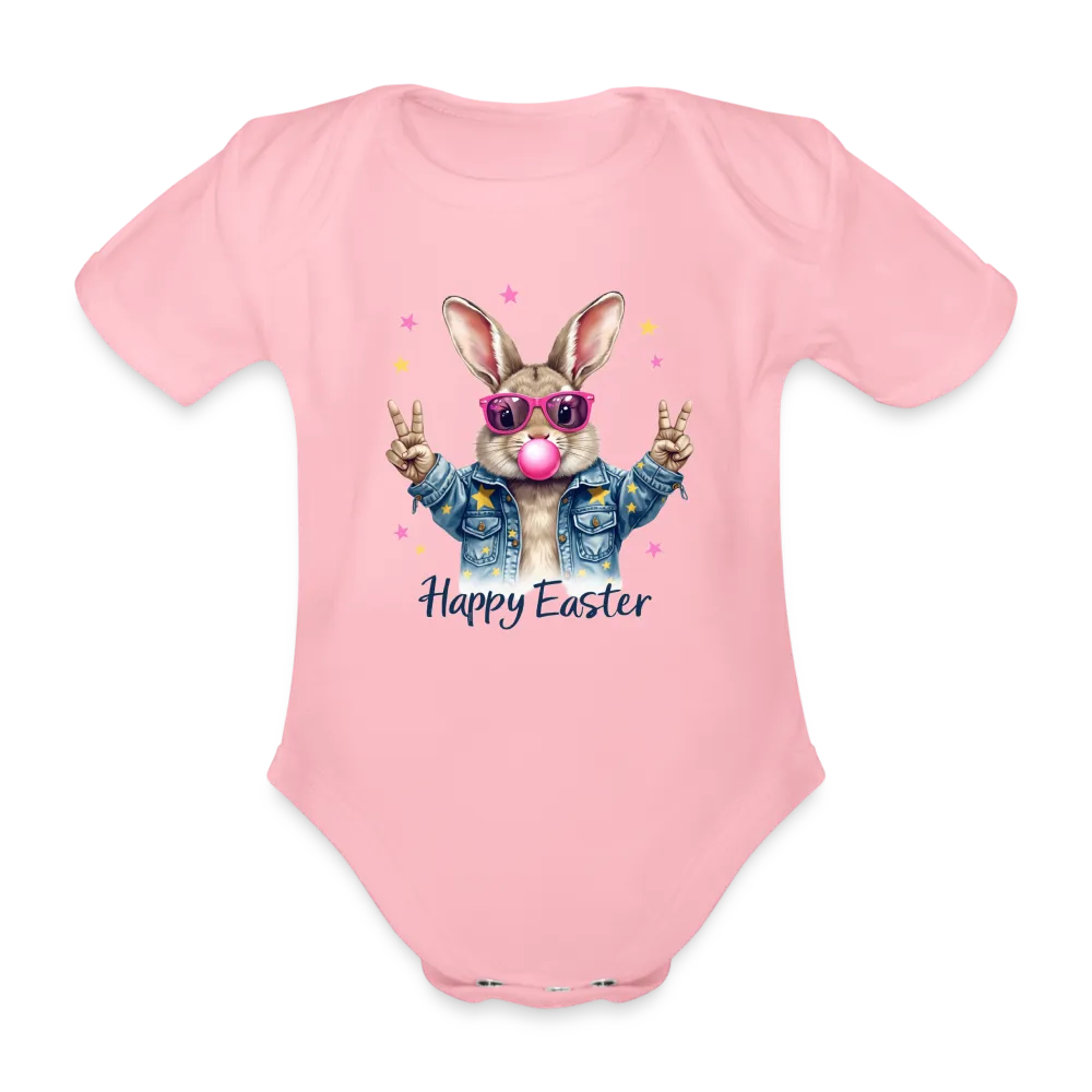 Personalisierter Baby Bio-Kurzarm-Body für Mädchen und Jungen mit Osterhasen, Kaugummi und Sterne sowie "Happy Easter" - Babybody für Ostern - in vielen Farben und Größen - Motiv und Text individualisierbar - Hellrosa