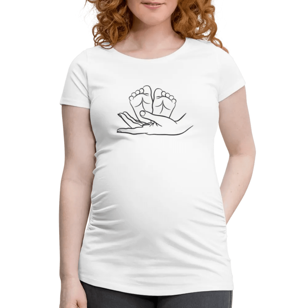 happy-prints.eu - Personalisiertes weißes Schwangerschafts-T-Shirt für Frauen mit Babyfüßchen und Love - Print Shirts für werdende Mama - Motiv und Text individualisierbar - auch in großen Größen für jede Mutter