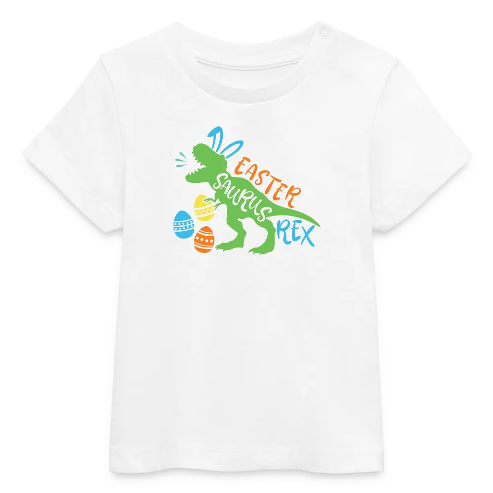 Baby Bio-T-Shirt mit Dinosaurier, Ostereier und Osterhasen Ohren - Jungen Shirt für Ostern mit Spruch "Easter Saurus Rex" - Motiv, Text, Farbe und Produkt einfach änderbar - Weiß