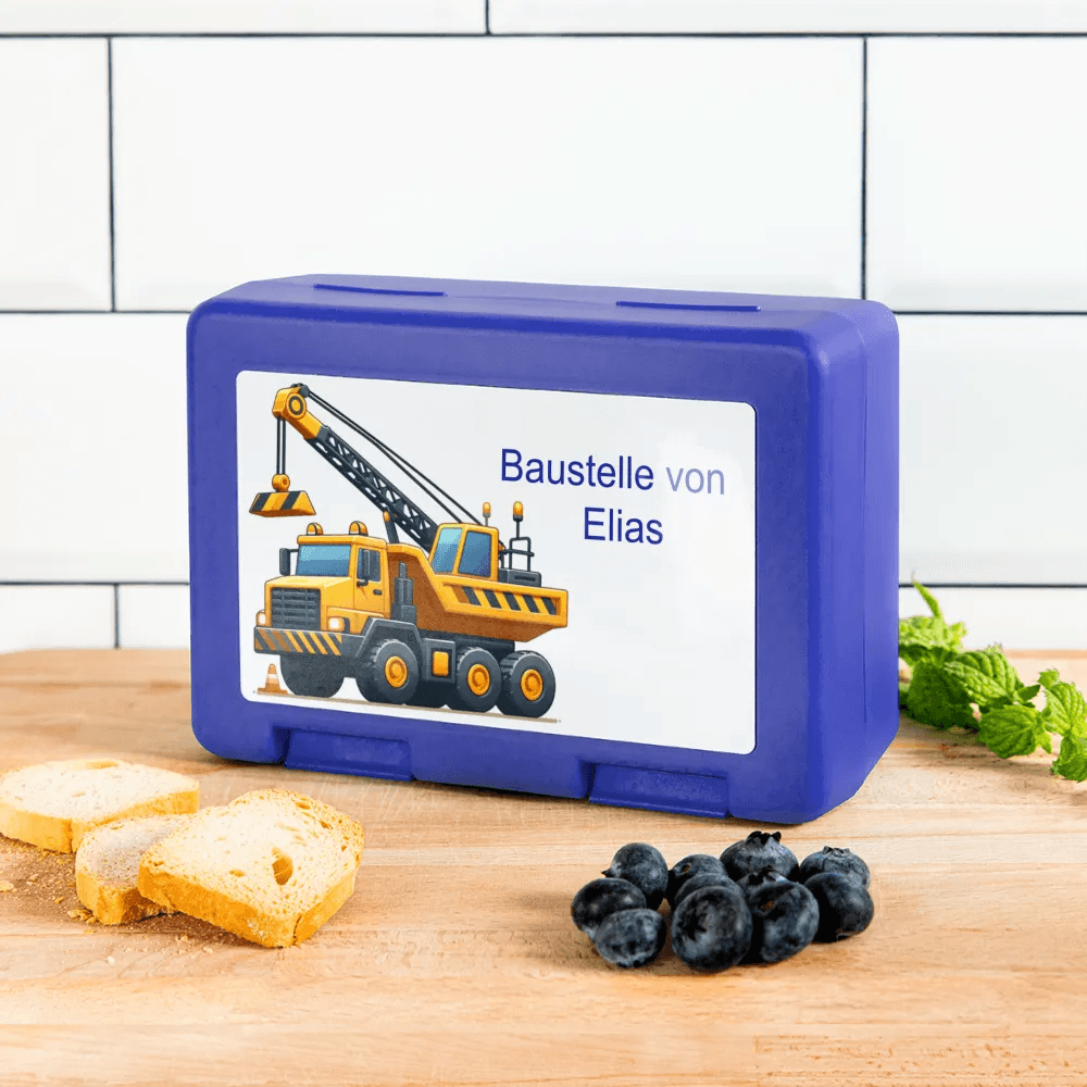 happy-prints.eu - Personalisierte Brotdose in blau mit Baustellenfahrzeuge - Jungen Jausendose - Name und Motiv kann geändert werden