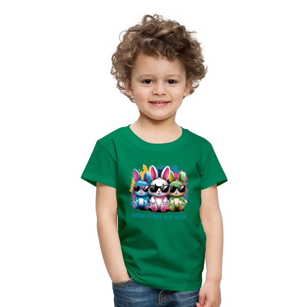 Personalisiertes Frohe Ostern Kinder T-Shirt mit Osterhasen mit Sonnenbrille und Spruch "Oster-Vibes für Dich" - Motiv, Produkt, Text und eigene Bilder easy anpassbar - viele Farben und Größen (bis Größe 140 bzw. 8 Jahre) -