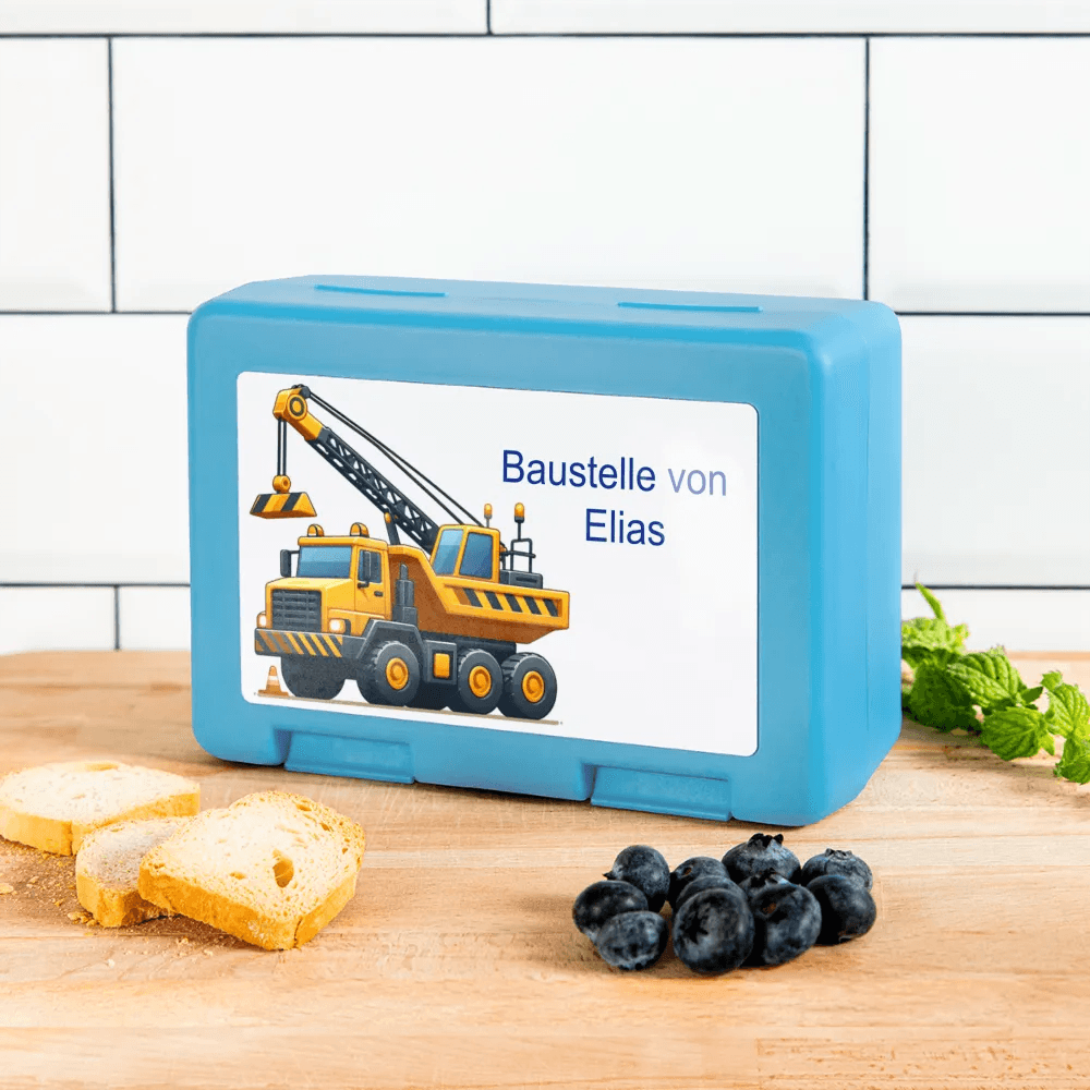 happy-prints.eu - Personalisierte Brotdose in blau mit Baustellenfahrzeuge - Jungen Jausendose - Name und Motiv kann geändert werden