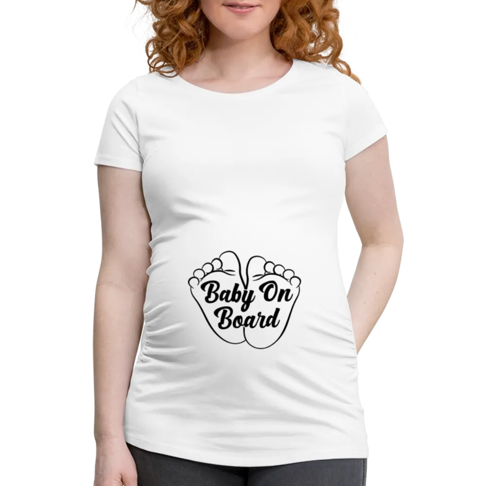 Personalisiertes weißes Schwangerschaft T-Shirt für Frauen mit Babyfüßen und Spruch "Baby on Board" - Print Shirts für werdende Mama in vielen Größen - Motiv und Text änderbar -