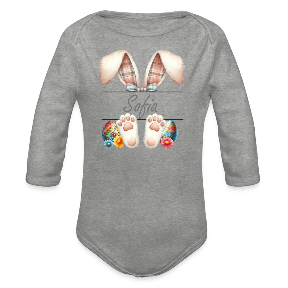 happy-prints.eu - Personalisierter Baby Bio-Langarm-Body für Ostern - Frohe Ostern Body mit Osterhasen Ohren, Ostereier und Name - niedlicher Print für Mädchen - Name, Motiv und Produkt sind leicht änderbar - in vielen Farben und Größen bis Größe 80 bzw. 12 Monate