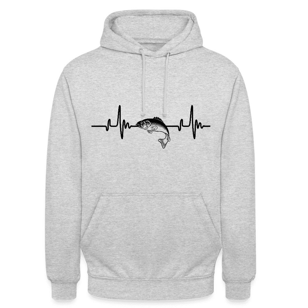 happy-prints.eu - Personalisierbarer Unisex Hoodie Mit Herzlinie und Fisch - Heartbeat Sweater für Damen und Herren - Motiv und Text änderbar - ein tolles Geschenk für Angler