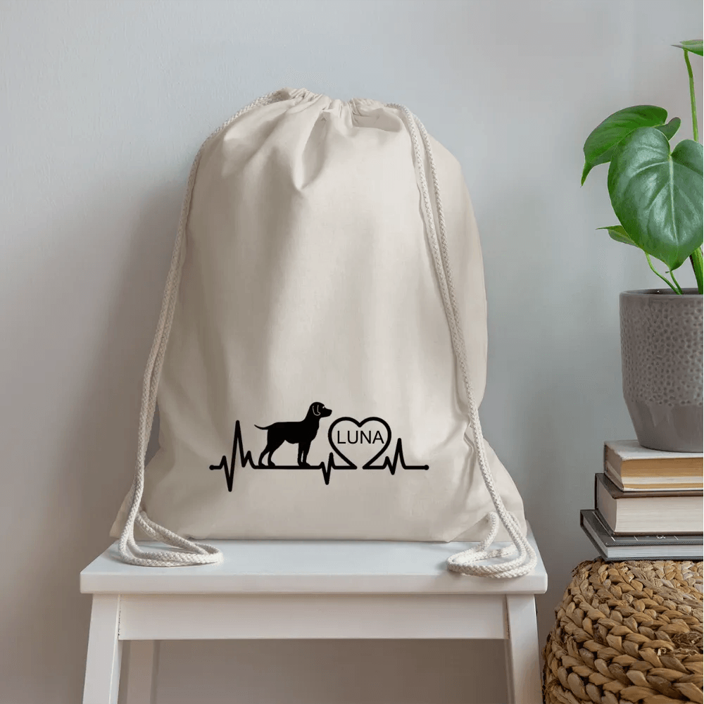 happy-prints.eu - Personalisierter Turnbeutel mit Hund, Herz und Herschschlaglinie - Text, Bild, Motiv und Farbe individualisierbar