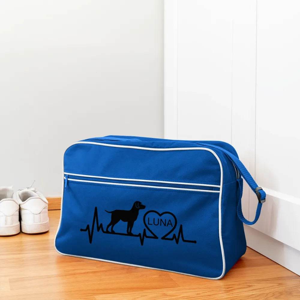 happy-prints.eu - Personalisierte Retro Tasche mit Hund, Herzschlaglinie und Herz mit Name - Text, Bild, Motiv und Farbe individualisierbar