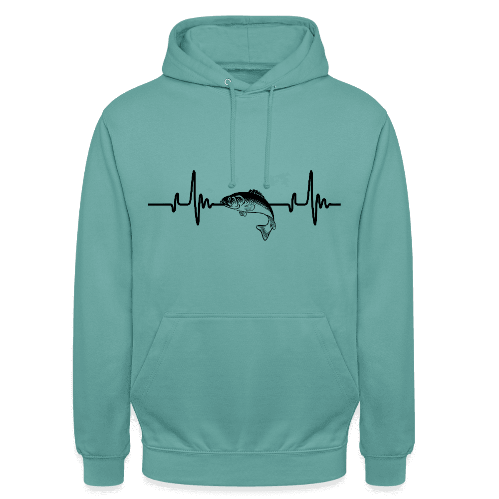 happy-prints.eu - Personalisierbarer Unisex Hoodie Mit Herzlinie und Fisch - Heartbeat Sweater für Damen und Herren - Motiv und Text änderbar - ein tolles Geschenk für Angler