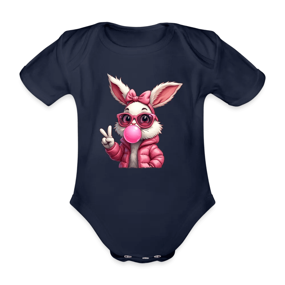 happy-prints.eu - Personalisierter Baby Bio-Kurzarm-Body für Mädchen mit Osterhasen, Brille und Kaugummi - Babybody für Ostern - in vielen Farben und Größen - Motiv und Text individualisierbar