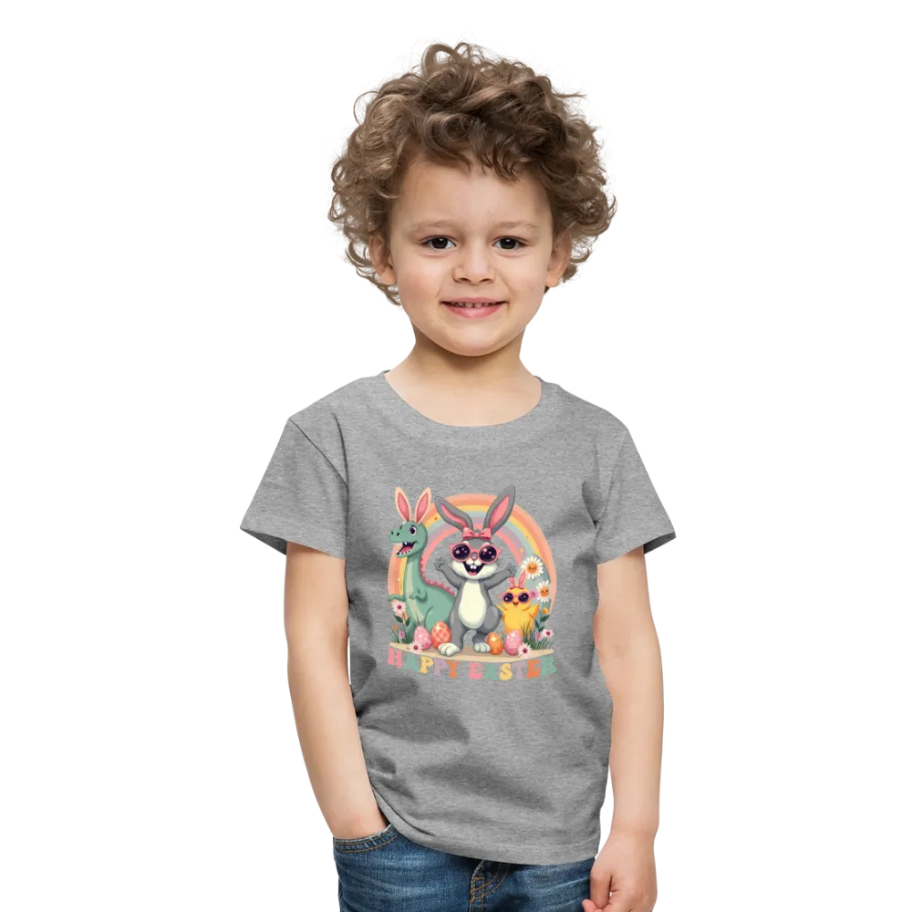Personalisiertes Retro Frohe Ostern Kinder T-Shirt mit Osterhase Dinosaurier und Küken mit Ostereier und Spruch "Happy Easter" - Motiv, Produkt, Text und eigene Bilder easy anpassbar - viele Farben und Größen (bis Größe 140 bzw. 8 Jahre) -