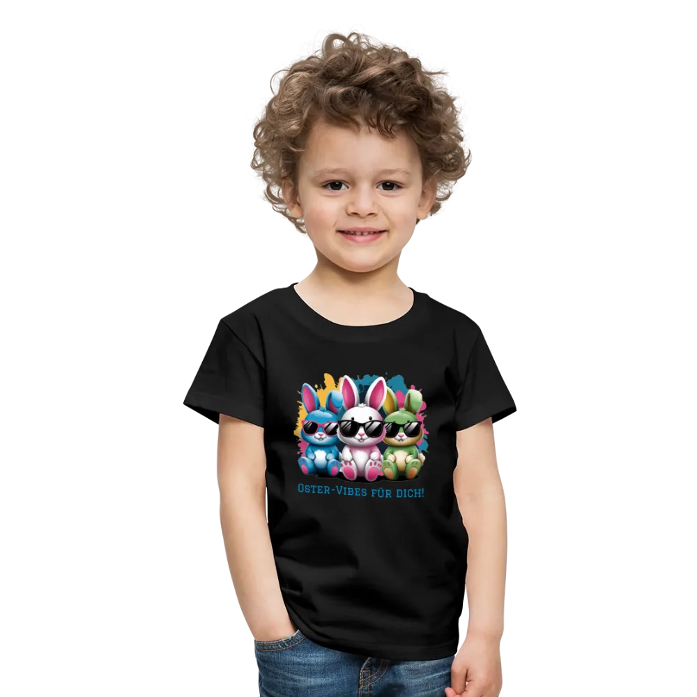 Personalisiertes Frohe Ostern Kinder T-Shirt mit Osterhasen mit Sonnenbrille und Spruch "Oster-Vibes für Dich" - Motiv, Produkt, Text und eigene Bilder easy anpassbar - viele Farben und Größen (bis Größe 140 bzw. 8 Jahre) -