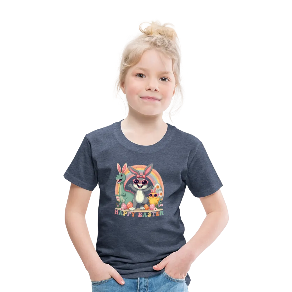 Personalisiertes Retro Frohe Ostern Kinder T-Shirt mit Osterhase Dinosaurier und Küken mit Ostereier und Spruch "Happy Easter" - Motiv, Produkt, Text und eigene Bilder easy anpassbar - viele Farben und Größen (bis Größe 140 bzw. 8 Jahre) -