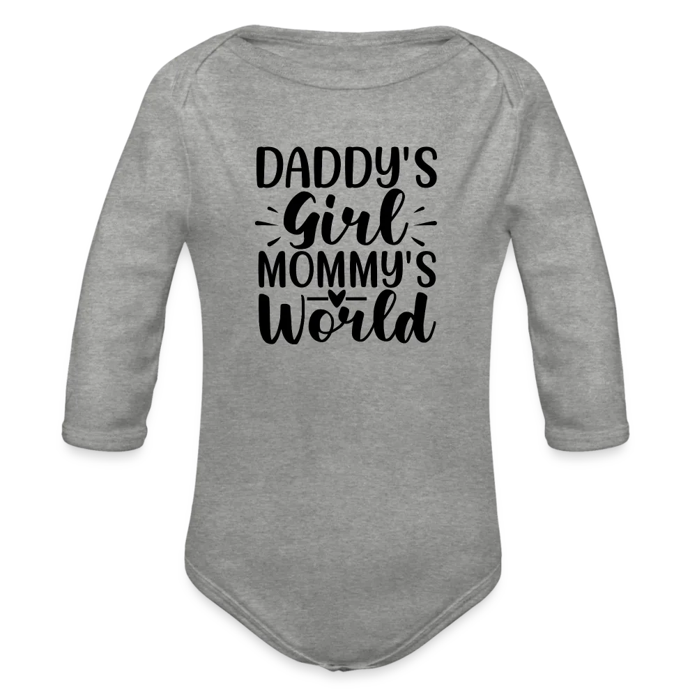 Personalisierter Mädchen Baby Bio-Langarm-Body mit Spruch "Daddy Girl - Mommys World" - 100% Bio Baumwolle - bis Größe 80 bzw. 12 Monate - in vielen Farben und Größen - Bild, Motiv und Text sind individualisierbar - Grau meliert