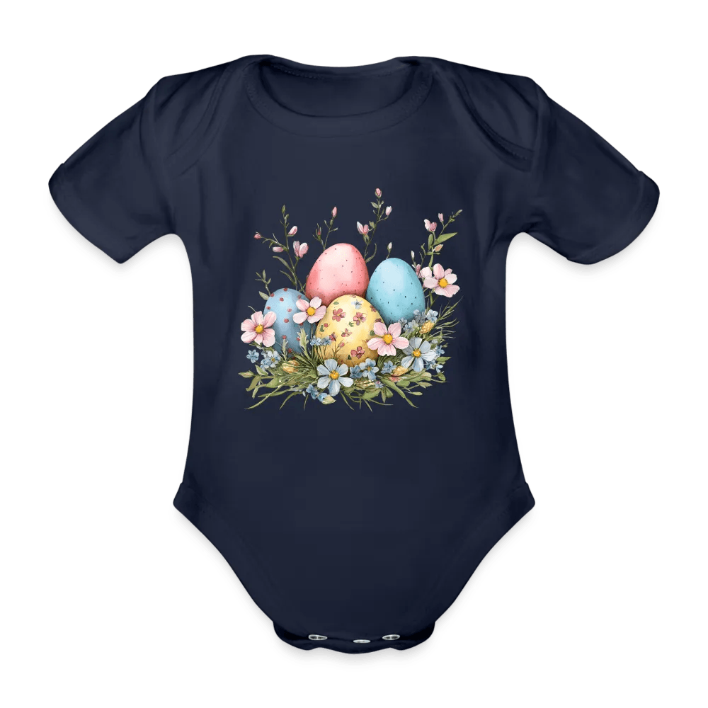 happy-prints.eu - Personalisierter Baby Bio-Kurzarm-Body für Mädchen mit Osternest mit Ostereier und Blumen - Babybody für Ostern - in vielen Farben und Größen - Motiv und Text individualisierbar