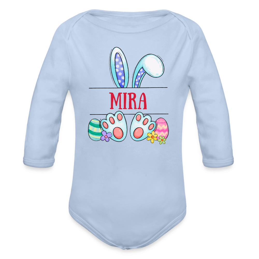 happy-prints.eu - Personalisierter Baby Bio-Langarm-Body für Mädchen - süßer bunter Osterhase Ostereier und Blumen mit Name zum Eintragen