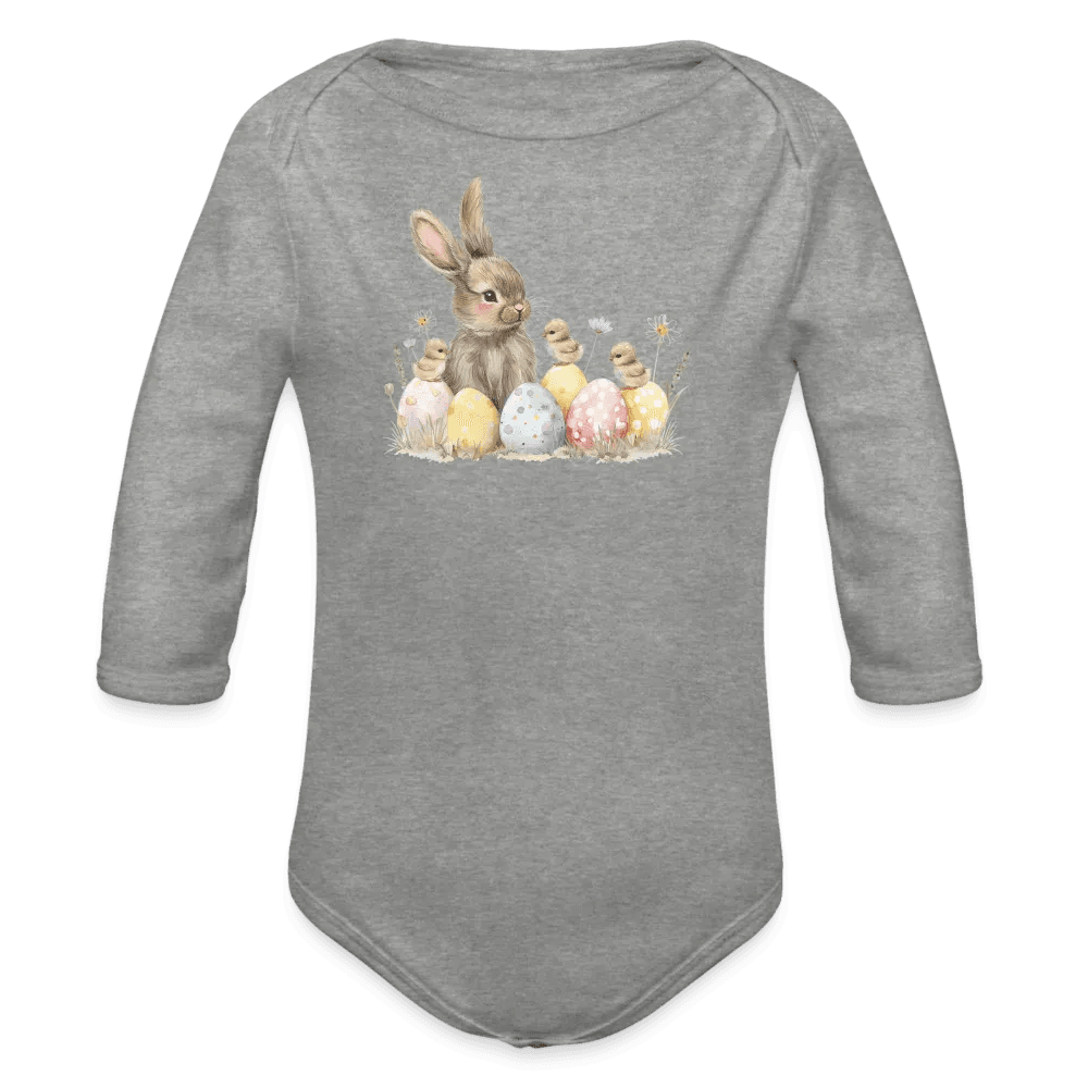 happy-prints.eu - Personalisierter Baby Bio-Langarm-Body für Ostern - Frohe Ostern Body mit Osterhase, Ostereier und Küken - niedlicher Print für Mädchen - Motiv, Produkt, Text und eigenes Foto ist easy änderbar - in vielen Farben und Größen bis Größe 80 bzw. 12 Monate