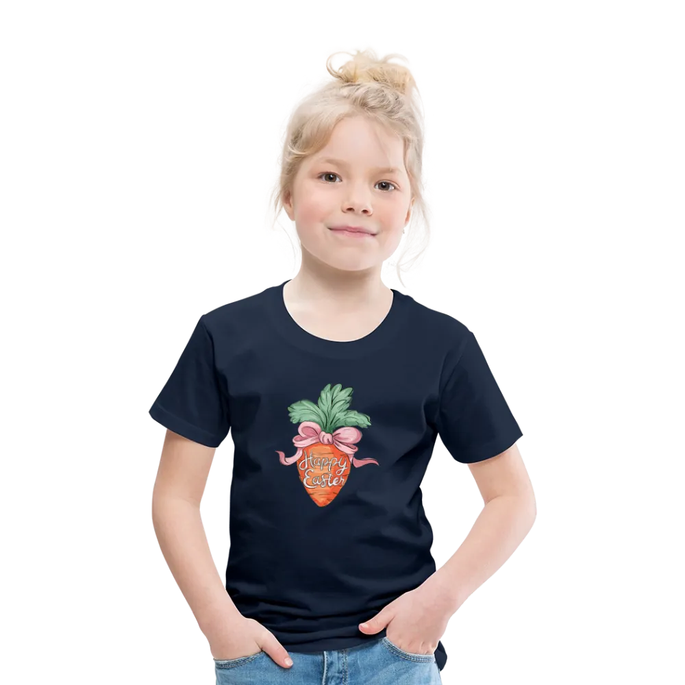 Personalisiertes Frohe Ostern Kinder T-Shirt mit Karotte, Masche und Spruch "Happy Easter" - cooles Mädchen Ostershirt - Motiv, Produkt, Text und eigene Bilder easy anpassbar - in vielen Farben und Größen (bis Größe 140 bzw. 8 Jahre) -