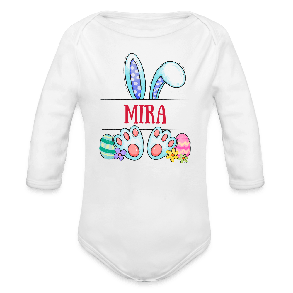 happy-prints.eu - Personalisierter Baby Bio-Langarm-Body für Mädchen - süßer bunter Osterhase Ostereier und Blumen mit Name zum Eintragen