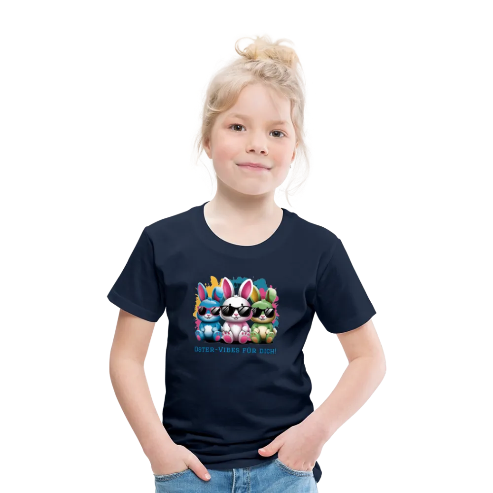 Personalisiertes Frohe Ostern Kinder T-Shirt mit Osterhasen mit Sonnenbrille und Spruch "Oster-Vibes für Dich" - Motiv, Produkt, Text und eigene Bilder easy anpassbar - viele Farben und Größen (bis Größe 140 bzw. 8 Jahre) -