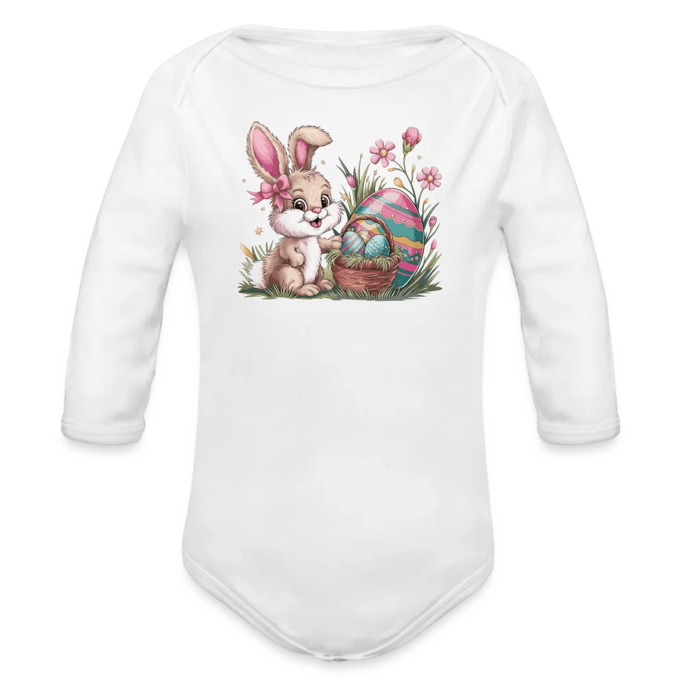 happy-prints.eu - Personalisierter Baby Bio-Langarm-Body für Ostern - Frohe Ostern Body mit Osterhase, Ostereier und Blumen - niedlicher Hase für Mädchen - Motiv, Produkt, Text und eigenes Foto ist easy einsetzbar - in vielen Farben und Größen bis Größe 80 bzw. 12 Monate