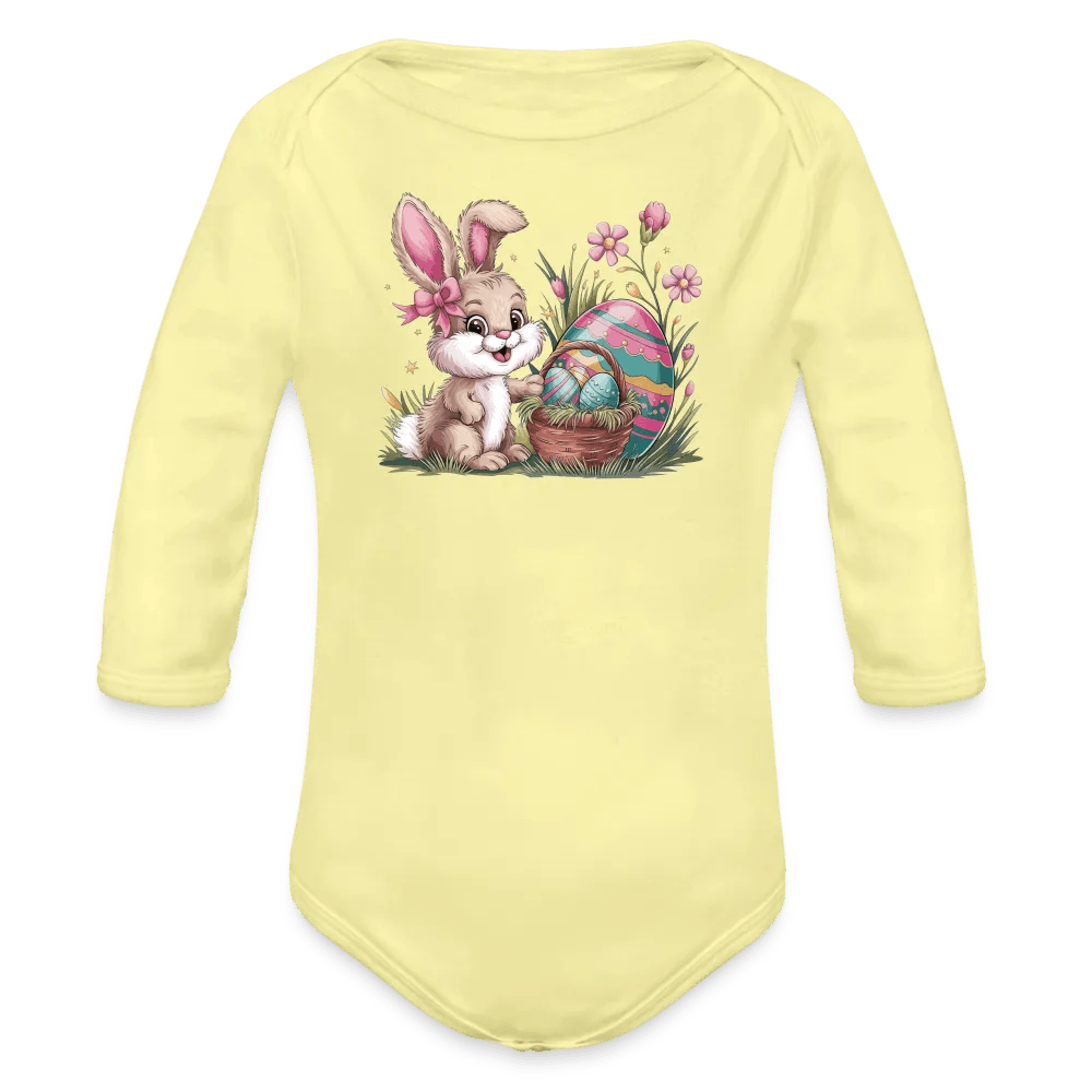 happy-prints.eu - Personalisierter Baby Bio-Langarm-Body für Ostern - Frohe Ostern Body mit Osterhase, Ostereier und Blumen - niedlicher Hase für Mädchen - Motiv, Produkt, Text und eigenes Foto ist easy einsetzbar - in vielen Farben und Größen bis Größe 80 bzw. 12 Monate